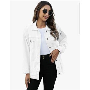 New White Oversized Mid Long Denim Jacket Jean Biker Coat M